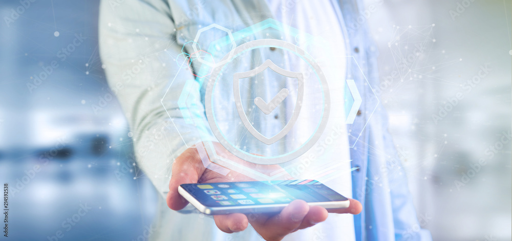 Poster man holding a shield web security concept 3d rendering