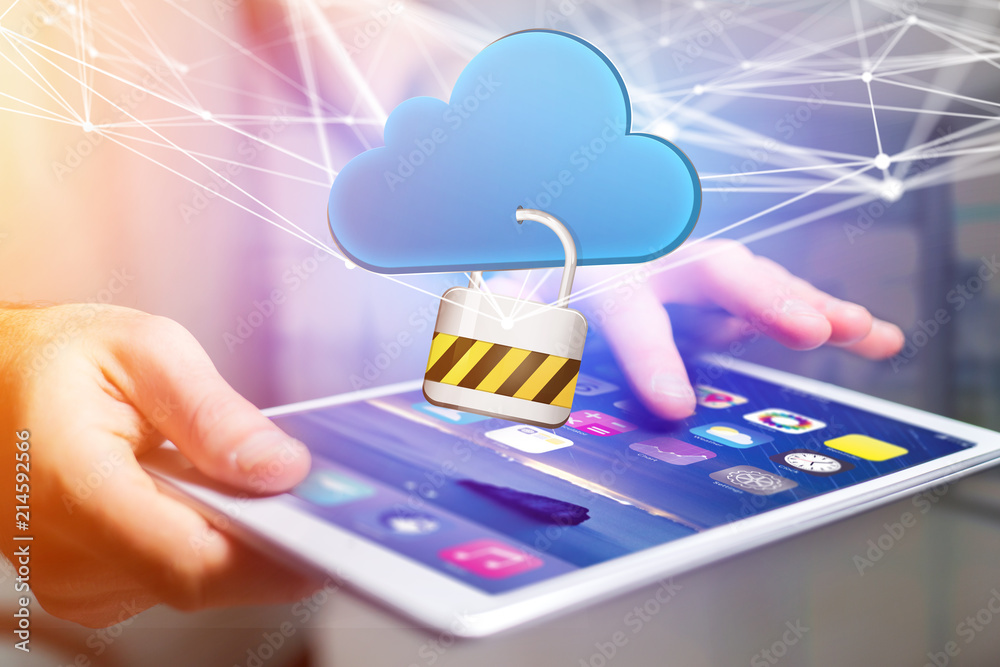 Poster padlock security connected to a cloud displayed on a futuristic interface - connection concept