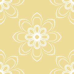 Floral vector ornament. Seamless abstract classic background with flowers. Yellow and white pattern with repeating floral elements. Ornament for fabric, wallpaper and packaging