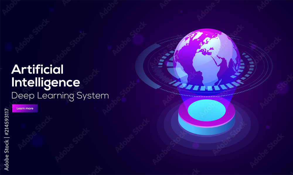 Wall mural artificial intelligence (ai) landing design with 3d illustration of a robot on server, connected wit