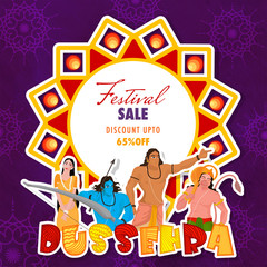 Sticker style character of Hindu Mythological god and goddess on purple floral background with 65% discount offer for Dussehra Festival celebration.