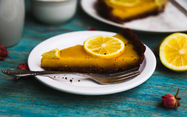 Cake with Lemon. Homemade Cakes on a Blue Background.