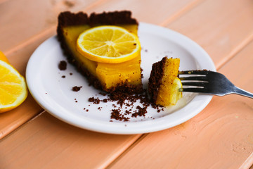 Cake with Lemon. Homemade Cakes on a Peachy Background.