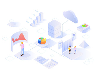 Obraz na płótnie Canvas Data Analytics based web template design with isometric view of business growth rate calculating with the help of pie or bar graph, cloud computing or data storage concept.