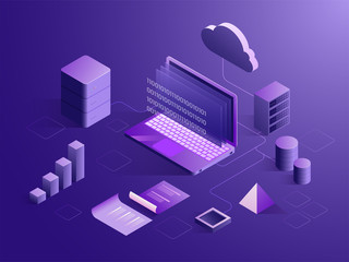 Data Analysis concept based isometric design with illustration of analysts alnalysis the data with the help of pie or bar graph for company growth or success.