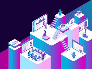Virtual to real money exchange platform with 3d illustration of working people or executive process the data, isometric design for web template.