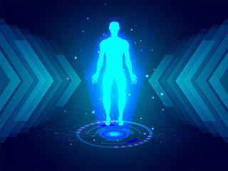 Human body structure between digital emerging rays on blue sci-fi background for Medical biotechnology innovation concept.