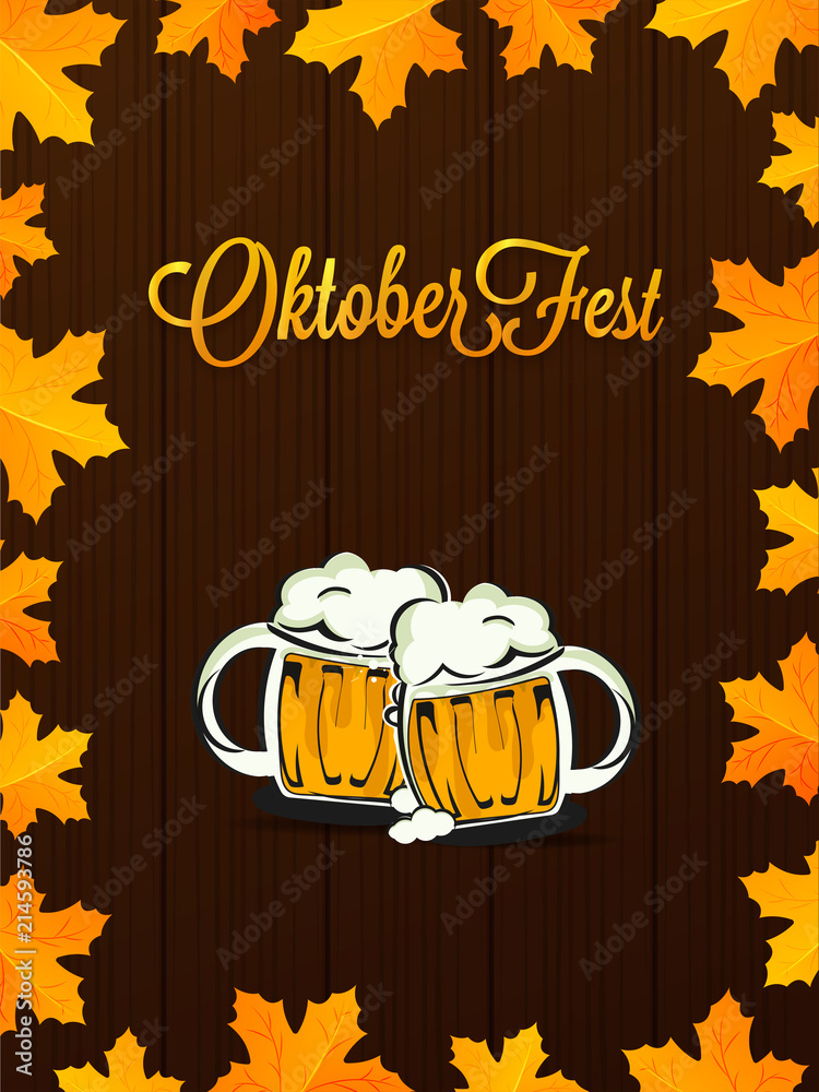 Sticker wooden texture background decorated with maple leaves and two beer mugs for oktoberfest festival tem