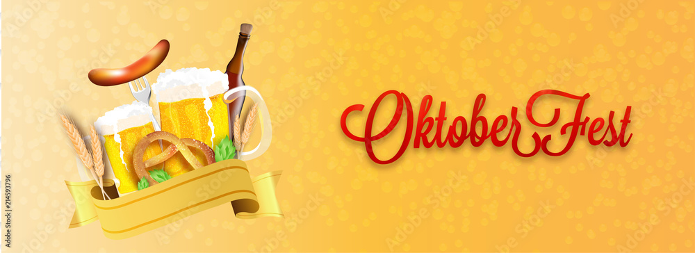 Wall mural Website header or banner design, Illustration of wheat grain, beer mugs, bottle, sausage with fork, pretzel and hops on shiny orange bubble background for Oktoberfest celebration concept.