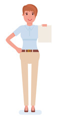 Young businesswoman points to a sheet of paper on white background cartoon vector flat illustration