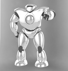 3D rendering of futuristic robot points with a finger, presses the button, isolate on white