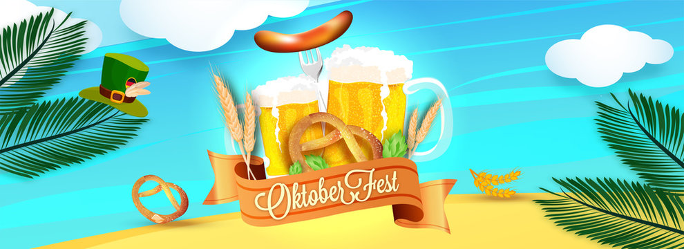 Oktoberfest header or banner design with beer mugs, bottle and sausage, fork, pretzel, hops, wheat grain in plate with checkered napkin on wooden table.