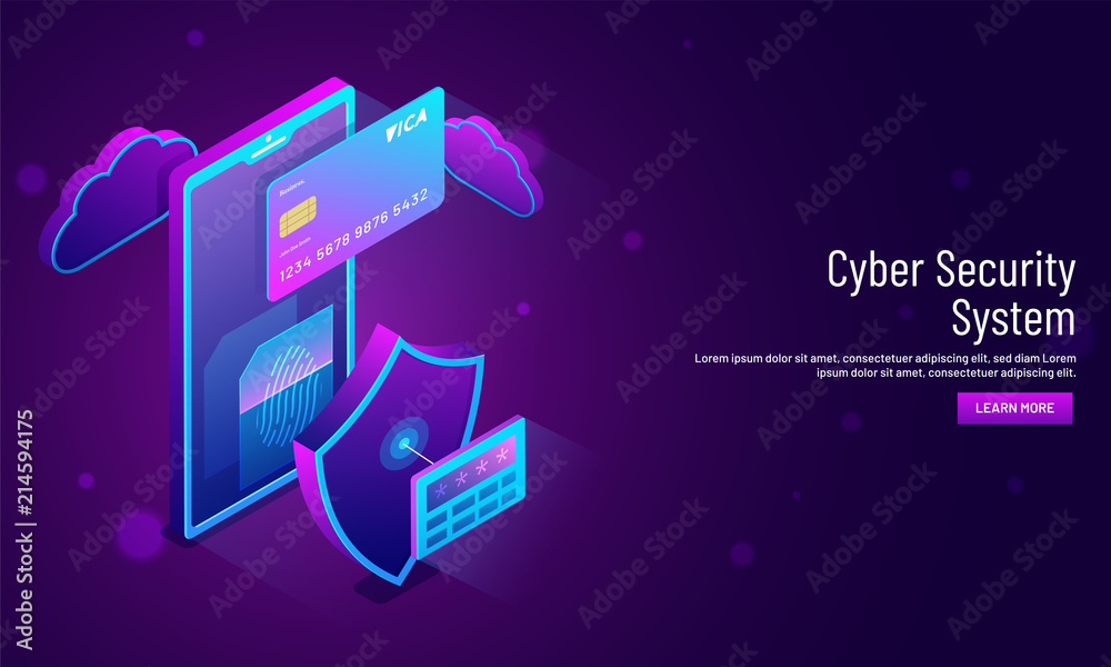 Poster cyber security system concept, isometric illustration of smartphone with security shield and access 