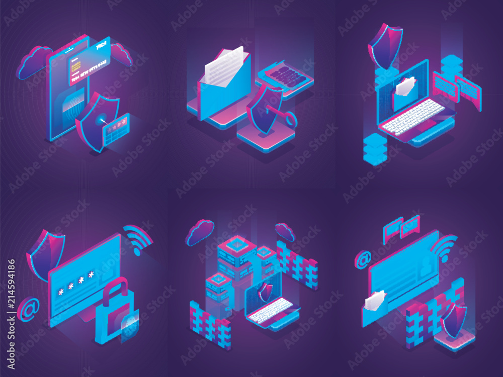 Wall mural isometric illustration of cyber security elements for data and technology concept.