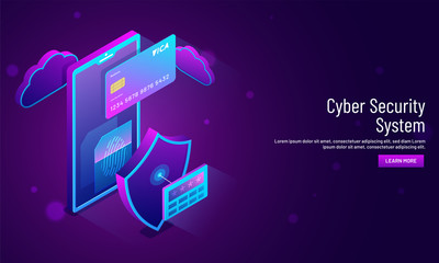 Cyber Security System concept, isometric illustration of smartphone with security shield and access window. Responsive landing page design.