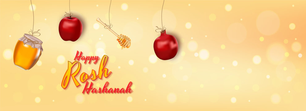 Happy Rosh Hashanah text with illustration of hanging pomegranate, apple, dripper and honey jar.
