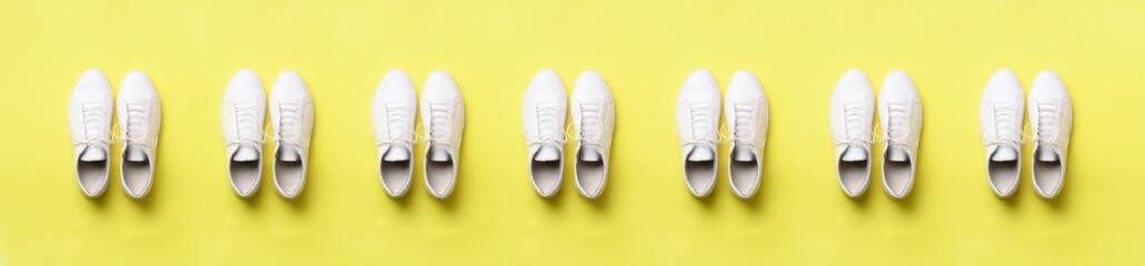 Stylish white sneakers and rope on yellow background with copy space. Top view. Banner, seamless pattern. Minimal flat lay. Summer shoes collection. First step concept