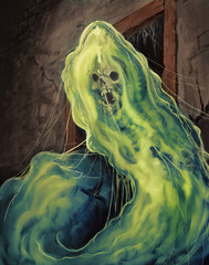 Slime creature with an embedded skeleton creeping around a dungeon - digital fantasy painting © Dominick