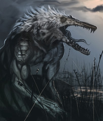 Were-crocodile creature in a swamp hunting for dinner - Digital fantasy painting