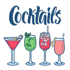 Cocktails line art icons collection with lettering for drinks menu designs.