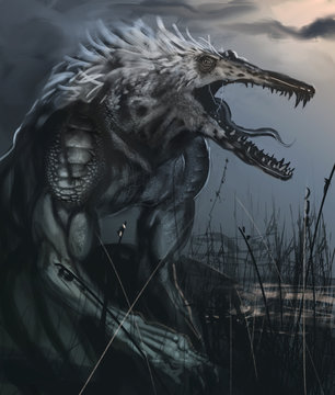 Were-crocodile creature in a swamp hunting for dinner - Digital fantasy painting