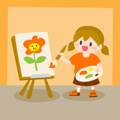 Children, Little Girl Painting on Canvas, Drawing Class