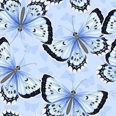 Seamless pattern with blue watercolor butterflies on blue background.