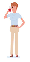 Business woman portrait with cup, isolated on white background cartoon flat vector illustration