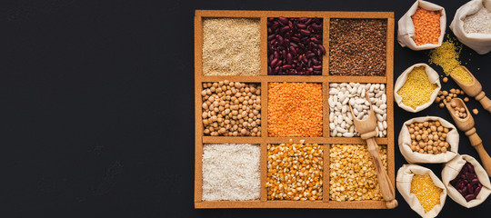 Cereals and legumes assortment in wooden box