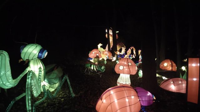 A china lights display depicting insect world showing a preying mantis, bettles, bugs and other flying insects on the forest floor along side wild mushrooms.