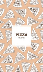 Vertical flyer, poster or menu template with pizza texture hand drawn with contour lines on light background. Realistic vector illustration for pizzeria, Italian restaurant advertisement, promotion.