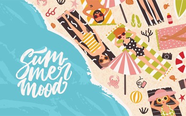 Horizontal background with men and women lying on beach, relaxing and sunbathing near sea or ocean and elegant Summer Mood lettering handwritten with cursive font. Flat cartoon vector illustration.