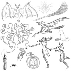Set of hand-drawn Halloween sketches isolated on white.