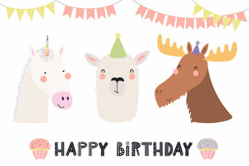 Hand drawn birthday card with cute funny unicorn, llama, moose in party hats, bunting, cupcakes, quote. Isolated objects. Scandinavian style flat design. Vector illustration. Concept for kids print. © Maria Skrigan