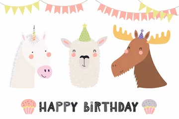 Zelfklevend Fotobehang Hand drawn birthday card with cute funny unicorn, llama, moose in party hats, bunting, cupcakes, quote. Isolated objects. Scandinavian style flat design. Vector illustration. Concept for kids print. © Maria Skrigan