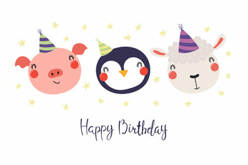Hand drawn birthday card with cute funny pig, penguin, sheep in party hats, stars, quote Happy birthday. Isolated objects. Scandinavian style flat design. Vector illustration. Concept for kids print.