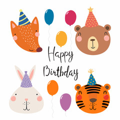 Hand drawn birthday card with cute funny fox, bear, bunny, tiger in party hats, balloons, quote. Isolated objects. Scandinavian style flat design. Vector illustration. Concept for kids print.
