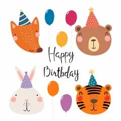 Keuken spatwand met foto Hand drawn birthday card with cute funny fox, bear, bunny, tiger in party hats, balloons, quote. Isolated objects. Scandinavian style flat design. Vector illustration. Concept for kids print. © Maria Skrigan
