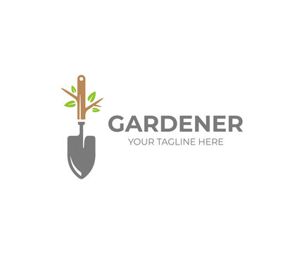 Garden Shovel And Tree With Green Leaves Logo Template. Gardening Plant, Garden Tool Vector Design. Gardener Logotype