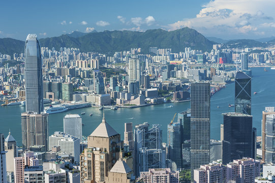 Panorama of Victoria Harbor in Hong Kong