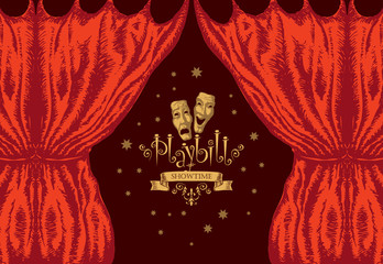 Vector playbill with red theater curtain and theater masks in retro style. Hand-drawn illustration on the theme of modern theatrical art