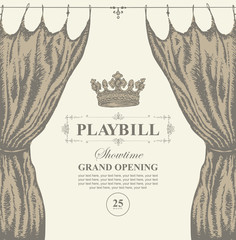 Vector playbill with place for text, theater curtain and crown in retro style. Hand-drawn illustration on the theme of modern theatrical art, grand opening