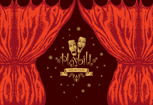 Vector playbill with red theater curtain and theater masks in retro style. Hand-drawn illustration on the theme of modern theatrical art