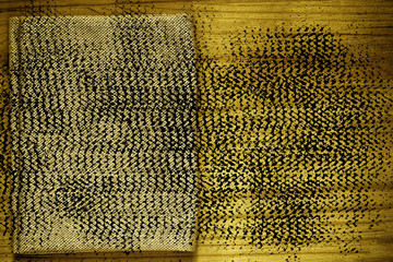 Grunge dirty Ultra yellow Postcard sample, linen fabric surface on wooden table with free copyspace for greeting text, mock-up, book cover sample