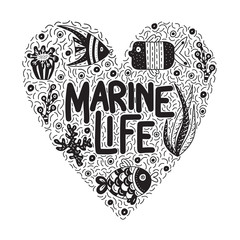 Marine life. Lettering quote with cute fishes and seaweeds