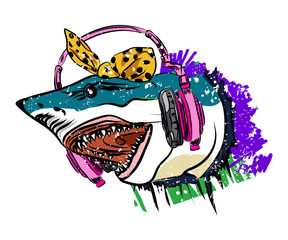 Funny graphic. Vector sketch shark. Comic portrait shark.