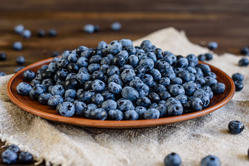Fresh berries of blueberry on a plate. It can be used as a background