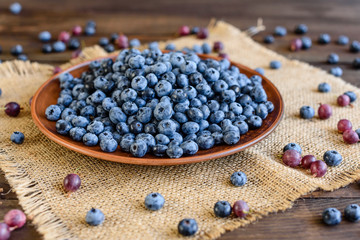 Fresh berries of blueberry on a plate. It can be used as a background
