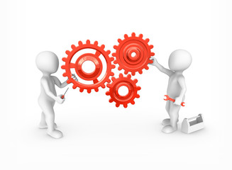 3d small people with red gears and tools.