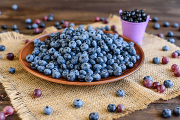 Fresh berries of blueberry on a plate. It can be used as a background